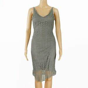 Vintage 90s Y2K Le Chateau Muted Grey Green Crochet Knit Layered Slip Dress